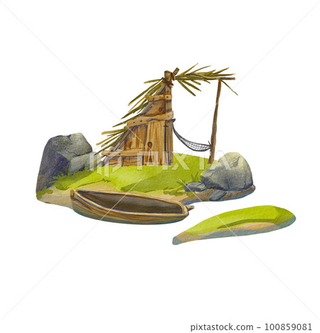 Lonely island with a hut of palm branches isolated on a white background. A boat near a desert island in the middle of the ocean. Watercolor illustration suitable for packages, postcards Lonely island with a hut of palm branches isolated on a white background. A boat near a desert island in the middle of the ocean. Watercolor illustration suitable for packages, postcards 100859081
