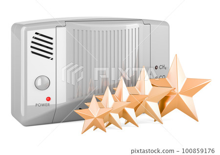 Carbon monoxide detector with five golden stars. Customer rating, 3D rendering Carbon monoxide detector with five golden stars. Customer rating, 3D rendering 100859176