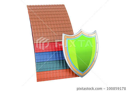 Color Metal Roof Tiles with shield. 3D rendering 100859178
