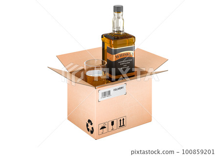 Whiskey bottle and full glass of whiskey inside cardboard box, delivery concept. 3D rendering 100859201