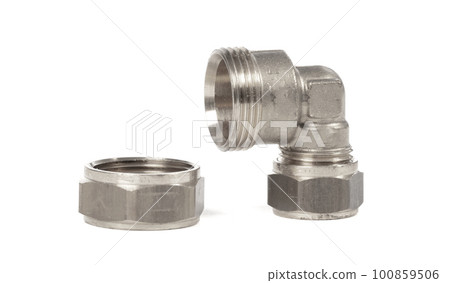 Steel fitting for plumbing pipes, connector for two different sizes, 90 degree angle 100859506