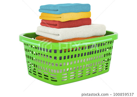 A Basket Full Of Cleaning Supplies And Cloths Stock Photo