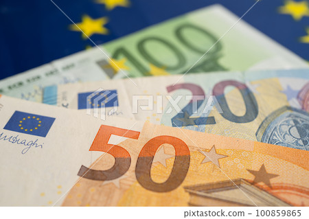 Euro banknotes on flag, Business and finance concept. 100859865