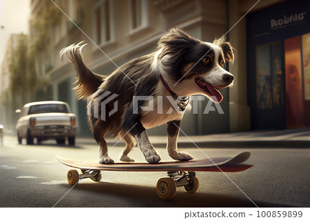 Cute dog playing skateboard on the road, Animal Sport riding on skateboard, Generative AI 100859899