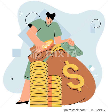 Businessman putting coins in money bag. Coin stack step growing growth. Saving dollar cash concept Businessman putting coins in money bag. Coin stack step growing growth. Saving dollar cash concept 100859937