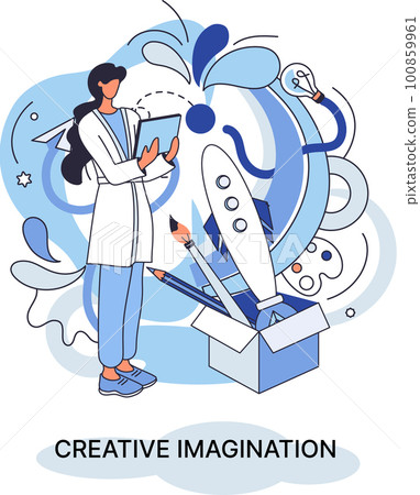 Creative imagination and creativity, original thinking. Originative fantasy of designer or artist 100859961