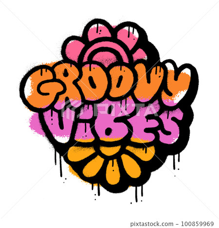 Groovy vibes- slogan text in urban graffiti wall art style. Flower drawing with grunge typography. Vector sprayed illustration design for typographic poster or tshirts street wear Groovy vibes- slogan text in urban graffiti wall art style. Flower drawing with grunge typography. Vector sprayed illustration design for typographic poster or tshirts street wear 100859969