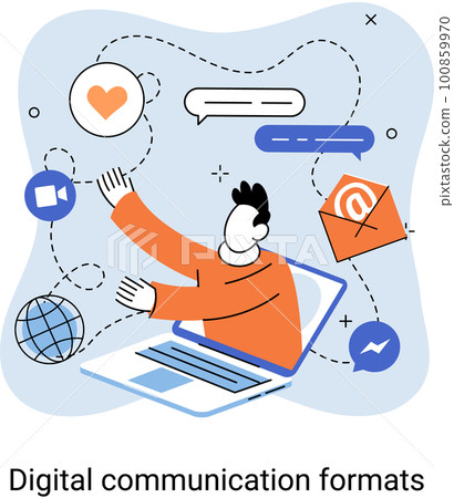Digital communication formats metaphor, content with online data and social media streaming, mobile app Digital communication formats metaphor, content with online data and social media streaming, mobile app 100859970