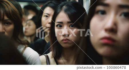 火車上一臉擔憂的女人 100860478