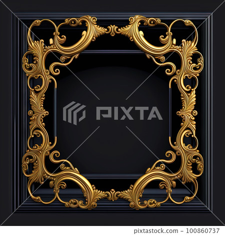 Golden ornamental frame on black bakcground. Retro golden frame with vintage ornament. Generative AI. 100860737