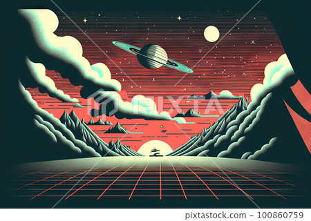 Retro styled sci-fi landscape with mountains. Retro futuristic science fiction illustration in drawing style with alien sun. Generated AI. 100860759