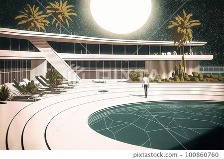 Retrofuturistic landscape in 80s sci-fi style. Retro science fiction scene with futuristic buildings. Generated AI Retrofuturistic landscape in 80s sci-fi style. Retro science fiction scene with futuristic buildings. Generated AI 100860760