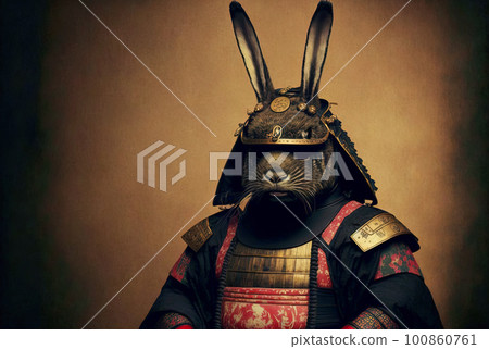 Rabbit samurai portrait in traditional vintage photography style. Japanese retro illustration with hare warrior in kimono. Generated AI. 100860761