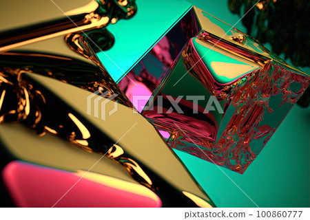 Abstract background with free 3D golden shapes, flowing and melting in surreal motion. Soft splashing abstract forms background with green and purple crystal inclusion. Generated AI. 100860777