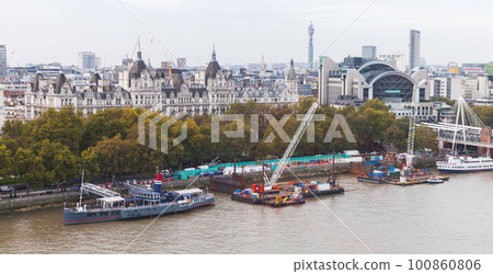 London cityscape aerial view. Thames river coast London cityscape aerial view. Thames river coast 100860806