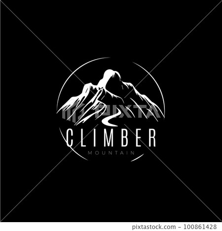 Mountain silhouette logo template, climb icon, extreme sport challenge, hiker label, risk rock expedition symbol. Vector illustration. Mountain silhouette logo template, climb icon, extreme sport challenge, hiker label, risk rock expedition symbol. Vector illustration. 100861428