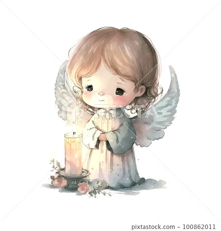 Cute Easter angel with a candle in his hands Watercolor Cartoon Christmas on white background Cute Easter angel with a candle in his hands Watercolor Cartoon Christmas on white background 100862011