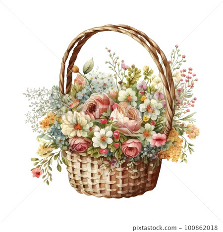 Wicker basket with flowers Victorian style. Watercolor Wicker basket with flowers Victorian style. Watercolor 100862018