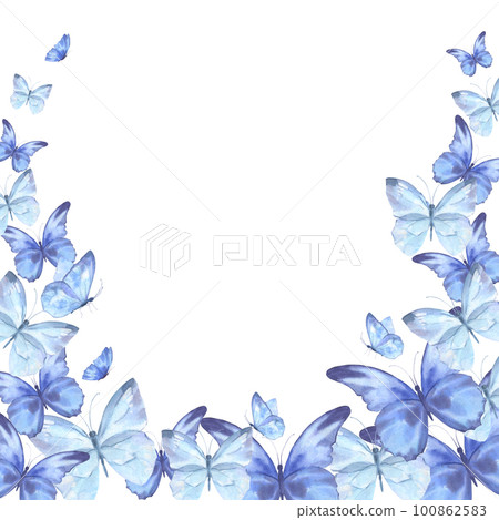 Frame of delicate blue butterflies. Watercolor illustration. Ready-made watercolor illustration for postcards, flyers, invitations Frame of delicate blue butterflies. Watercolor illustration. Ready-made watercolor illustration for postcards, flyers, invitations 100862583