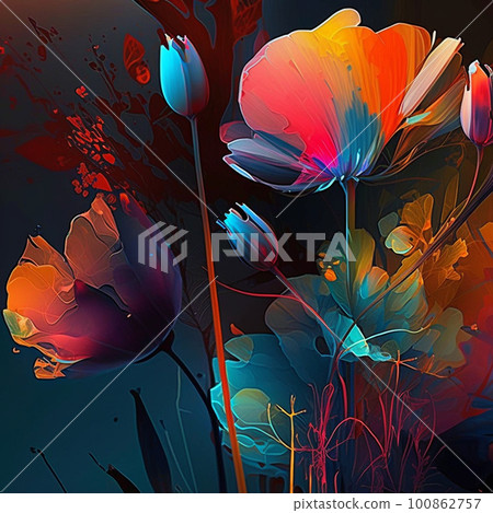 Original floral vibrant design with exotic flowers and tropic leaves. Colorful flowers on dark background. Original floral vibrant design with exotic flowers and tropic leaves. Colorful flowers on dark background. 100862757
