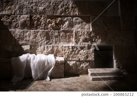 Empty tomb while light shines from the outside. Jesus Christ Resurrection. Christian Easter concept. Empty tomb while light shines from the outside. Jesus Christ Resurrection. Christian Easter concept. 100863212