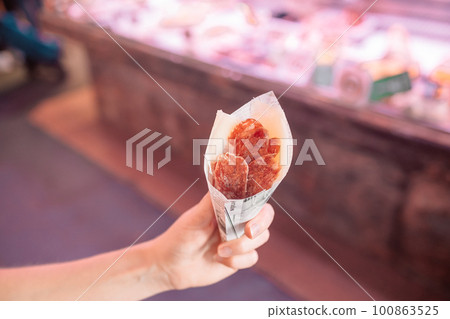 Traditional Spanish meat snacks, for sale in the La Boqueria market in Barcelona, Spain. Traditional Spanish meat snacks, for sale in the La Boqueria market in Barcelona, Spain. 100863525