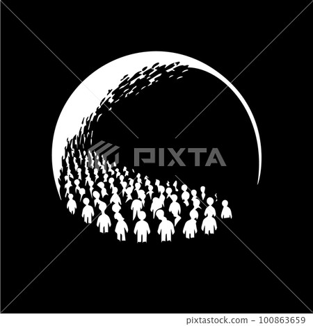People crowd standing in line or walking forward, many people, submissive people symbol, consequences of propaganda sign. Vector illustration. 100863659