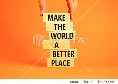 Make a better world symbol. Concept words Make the world a better place on wooden blocks. Beautiful orange table orange background. Businessman hand. Business make a better world concept. Copy space. Make a better world symbol. Concept words Make the world a better place on wooden blocks. Beautiful orange table orange background. Businessman hand. Business make a better world concept. Copy space. 100863768