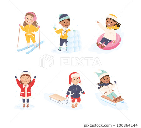 Excited Boy and Girl Enjoying Winter Outdoor Activity Vector Set Excited Boy and Girl Enjoying Winter Outdoor Activity Vector Set 100864144