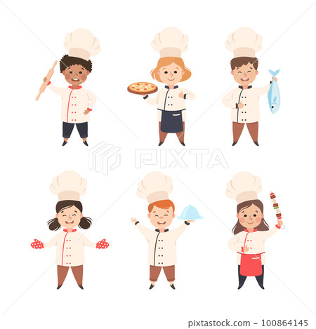 Children Chef in White Toque and Uniform Enjoying Culinary and Cookery Vector Set Children Chef in White Toque and Uniform Enjoying Culinary and Cookery Vector Set 100864145