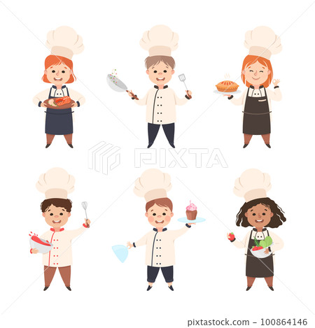 Children Chef in White Toque and Uniform Enjoying Culinary and Cookery Vector Set Children Chef in White Toque and Uniform Enjoying Culinary and Cookery Vector Set 100864146