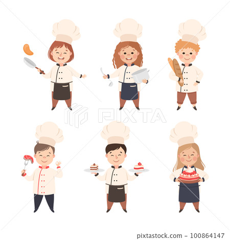 Children Chef in White Toque and Uniform Enjoying Culinary and Cookery Vector Set Children Chef in White Toque and Uniform Enjoying Culinary and Cookery Vector Set 100864147