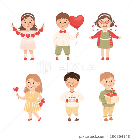 Cute Little Boy and Girl in Love with Heart Gift Feeling Passion Vector Set Cute Little Boy and Girl in Love with Heart Gift Feeling Passion Vector Set 100864148