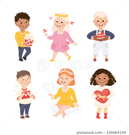 Cute Little Boy and Girl in Love with Heart Gift Feeling Passion Vector Set Cute Little Boy and Girl in Love with Heart Gift Feeling Passion Vector Set 100864149