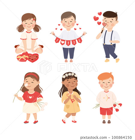 Cute Little Boy and Girl in Love with Heart Gift Feeling Passion Vector Set Cute Little Boy and Girl in Love with Heart Gift Feeling Passion Vector Set 100864150