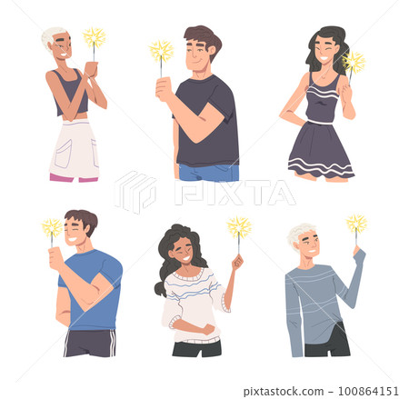 Happy Man and Woman Character with Festive Sparkler in Hands Celebrating Holiday Vector Set Happy Man and Woman Character with Festive Sparkler in Hands Celebrating Holiday Vector Set 100864151
