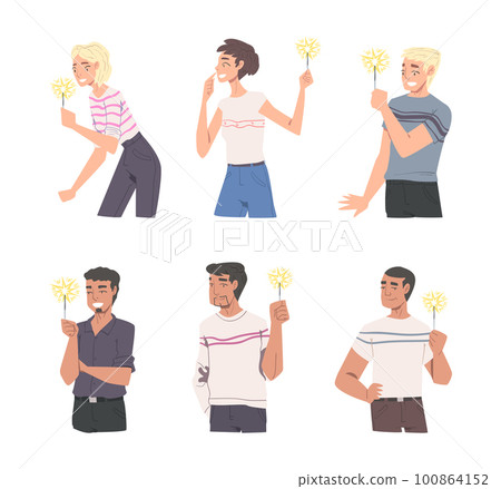 Happy Man and Woman Character with Festive Sparkler in Hands Celebrating Holiday Vector Set Happy Man and Woman Character with Festive Sparkler in Hands Celebrating Holiday Vector Set 100864152