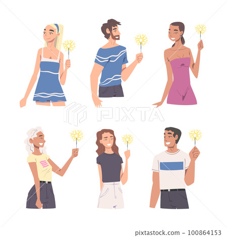 Happy Man and Woman Character with Festive Sparkler in Hands Celebrating Holiday Vector Set 100864153
