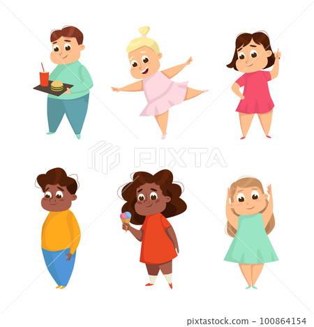 Little Boy and Girl with Overweight and Body Fat Vector Set 100864154