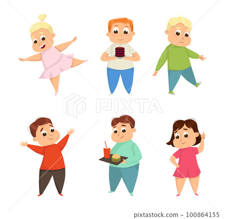 Little Boy and Girl with Overweight and Body Fat Vector Set Little Boy and Girl with Overweight and Body Fat Vector Set 100864155