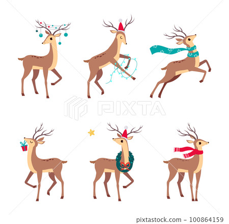 Slender Reindeer with Antler Wearing Scarf and Garland Vector Set 100864159