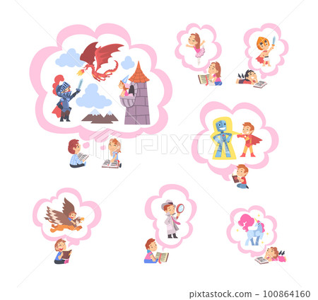 Children Reading Fairy Tale and Fantasy Book Vector Set 100864160
