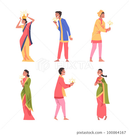 Diwali Hindu Holiday Celebration with Indian People Character in Traditional Clothes Holding Light Vector Set Diwali Hindu Holiday Celebration with Indian People Character in Traditional Clothes Holding Light Vector Set 100864167