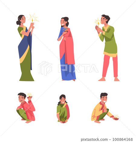 Diwali Hindu Holiday Celebration with Indian People Character in Traditional Clothes Holding Light Vector Set Diwali Hindu Holiday Celebration with Indian People Character in Traditional Clothes Holding Light Vector Set 100864168