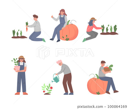 Male and Female Farmer Working in Garden Vector Set 100864169