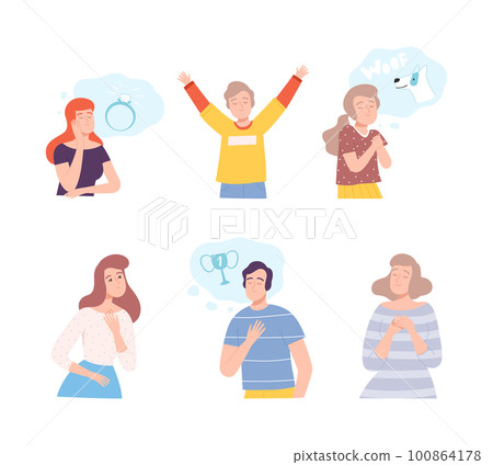 Young Man and Woman Daydreaming Thinking of Something in Thought Bubble Vector Set Young Man and Woman Daydreaming Thinking of Something in Thought Bubble Vector Set 100864178