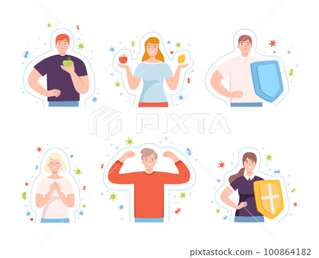 Young Male and Female with Invisible Barrier for Pathogen and Germs Vector Illustration Set 100864182