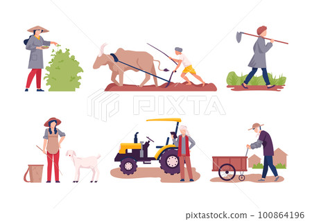 Asian Male and Female Farmer Cultivating Agricultural Crop Vector Illustration Set 100864196