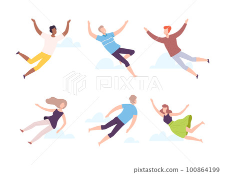 Flying Man and Woman Floating in the Air and Cloud Fantasizing Vector Set Flying Man and Woman Floating in the Air and Cloud Fantasizing Vector Set 100864199