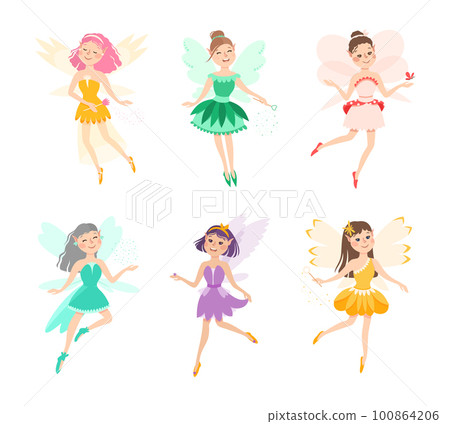 Cute Girl Fairy Flying with Wings and Magic Wand Vector Set Cute Girl Fairy Flying with Wings and Magic Wand Vector Set 100864206